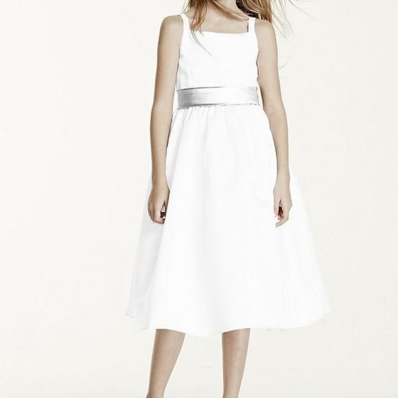 All-over Satin Tea-Length Flower Girl Dress - Picture 1 of 4